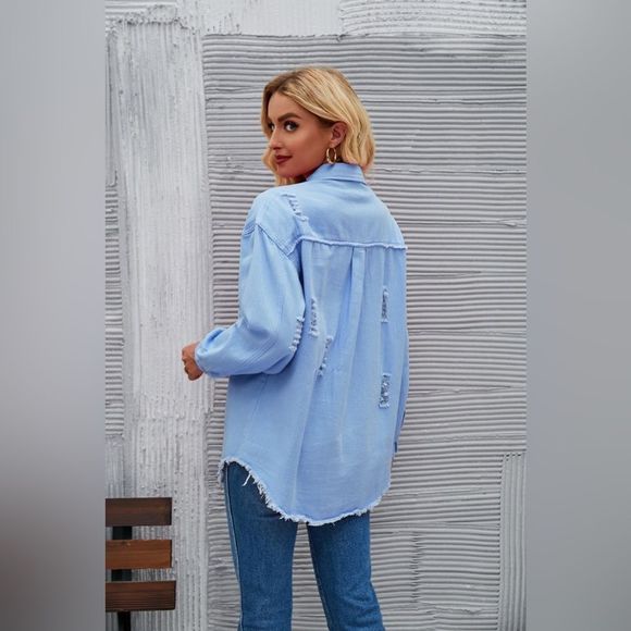 Misty Blue Distressed Raw Hem Denim Jacket - Picture 3 of 3